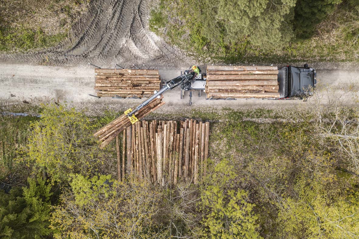 Senkrechte Drohnenaufnahme eines Rundholz-LKW im Wald der mit dem Kran beladen wird.