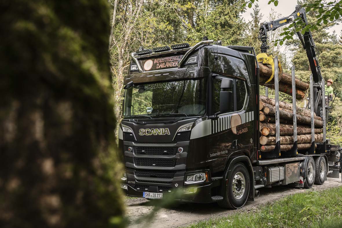 Schwarzer Rundholz-LKW der im Wald von einem Mitarbeiter per Kran mit Rundholz beladen wird. Im Vordergrund ist ein mit Moos bewachsener Baum in der Unschärfe zu sehen.